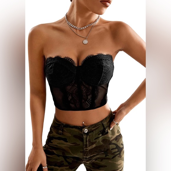 NWT (S) Black Sexy Lace Mesh Satin Corset Bustier Top - Picture 7 of 8